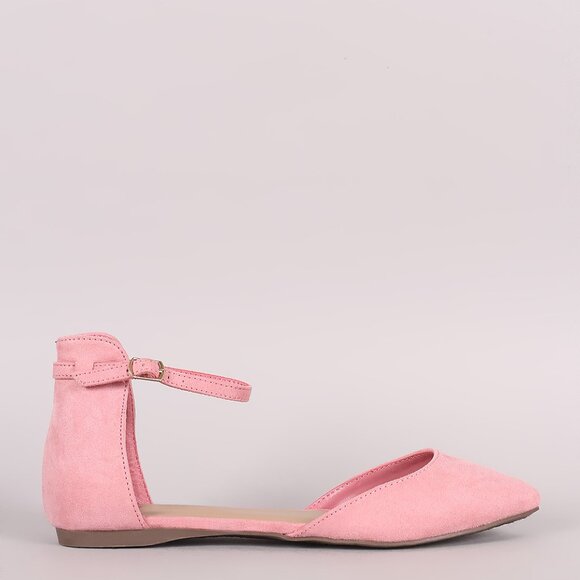 New Pink Pointed Toe Ankle Strap Ballet Flat Ballerina Shoes Faux Suede Size 8 - Picture 2 of 3